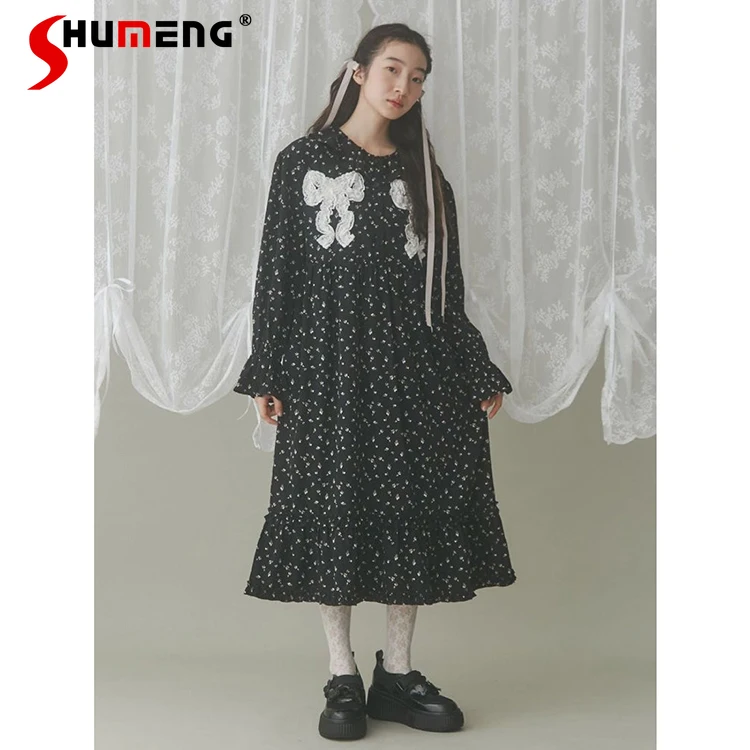 

Japanese New Sweet Bow Ruffle Collar Long Sleeve Dress OP Spring Autumn New Women's Loose Slimming Elegant Printed Long Dress