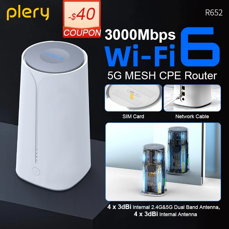 

Plery 5G LTE Router 3000Mbps Indoor CPE Router WiFi 6 MESH Routers 5G NSA+SA 8×3 dBi Antenna 2.5Gbps WAN Router EU Plug 4×4 MIMO