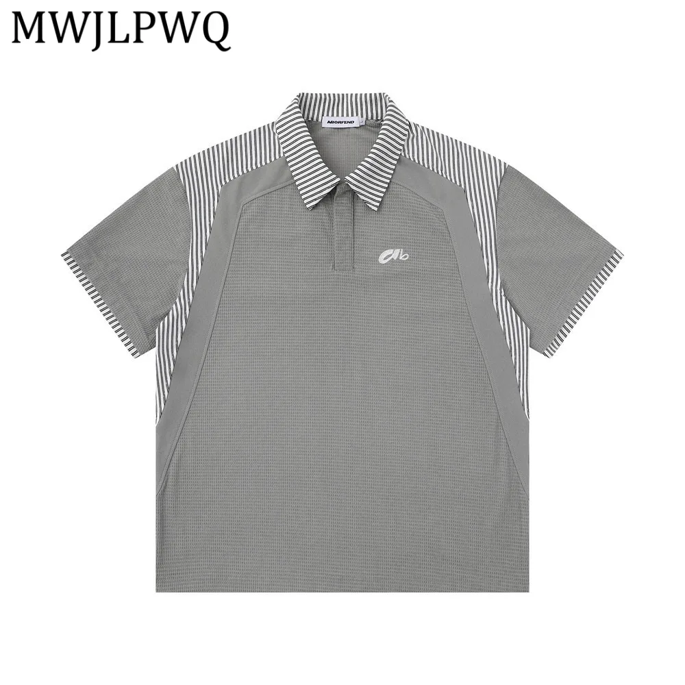 

Мужская летняя рубашка MWJLPWQ в стиле пэчворк с вертикальными полосками, американский трендовый стиль Ins, с цветными блоками, отложным воротником, свободного кроя, 14801