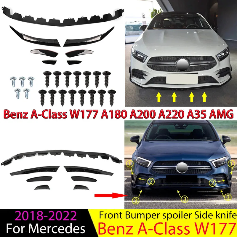 

For Mercedes Benz A Class W177 A180 A200 A220 A35 AMG 2018-2022 Front Bumper Spoiler Side Knife Splitter Vent Frame Bodykit Trim