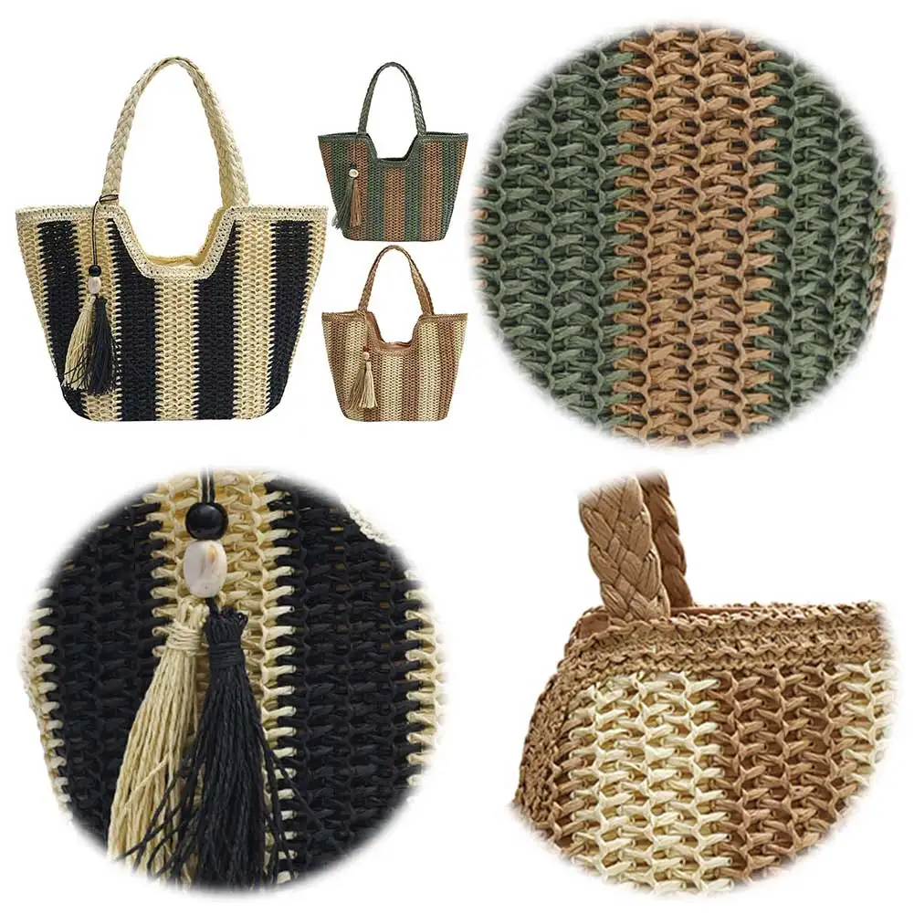 Striped Summer Shoulder Bag Large Underarm Bag Woven Holiday Travel Handbag with Tassel for Women Work Travel Vacation