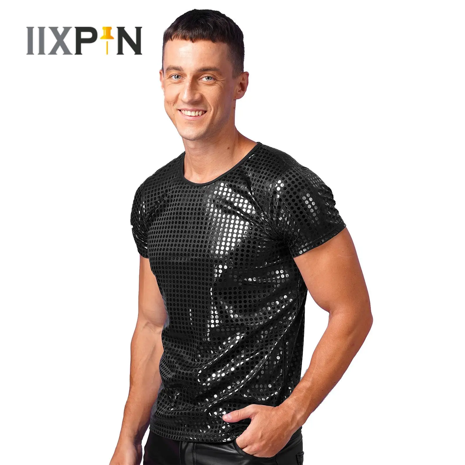 Mens Dance T-Shirt Tops Shiny Sequin Dot Short Sleeve Street Dance Performance Tops Nightclub Festivals Carnivals Party Costumes