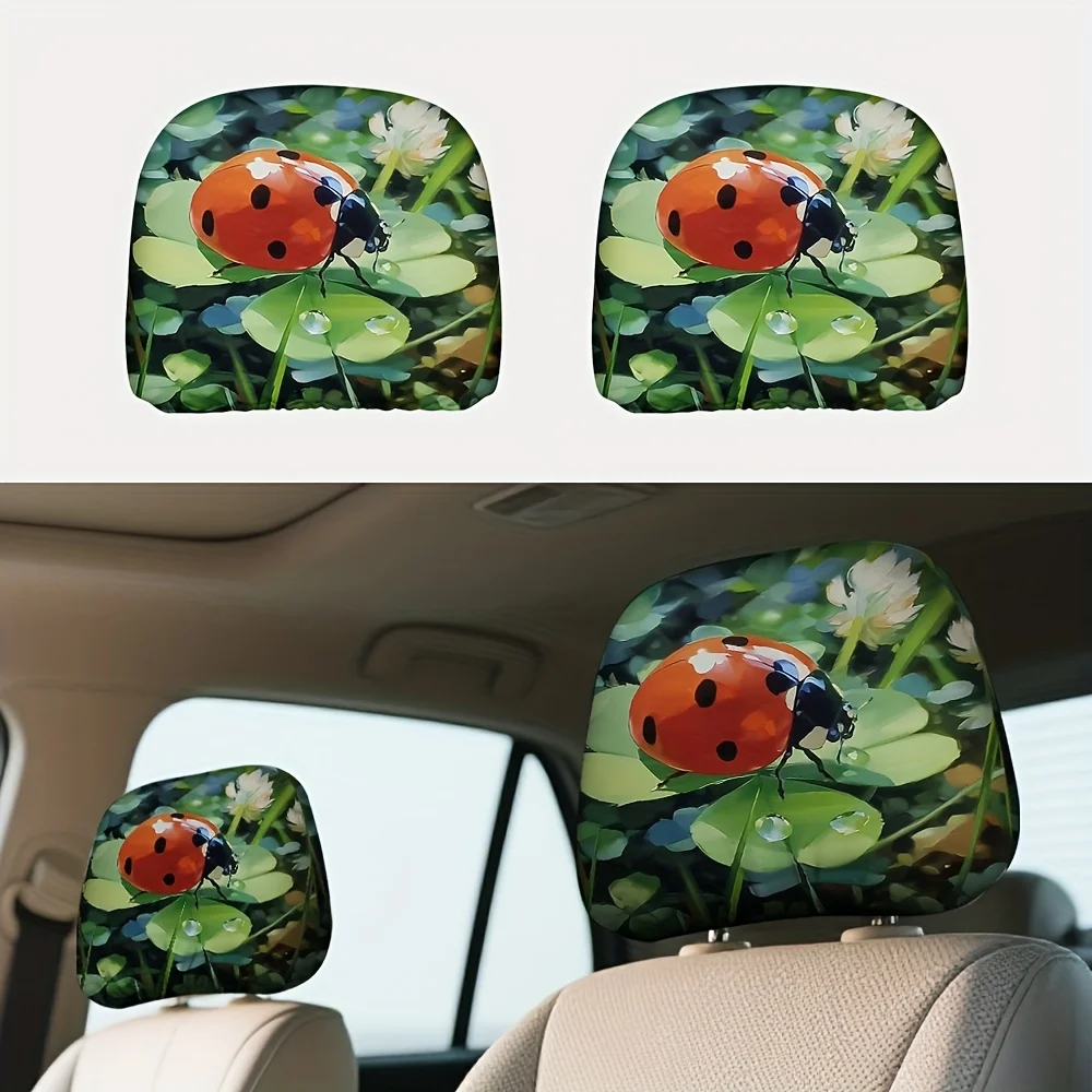

2 шт. чехлов для автомобильных подголовников с 2D-печатью, эргономичный дизайн, с изображением божьей коровки и клевера, зеленые, подарки на день рождения