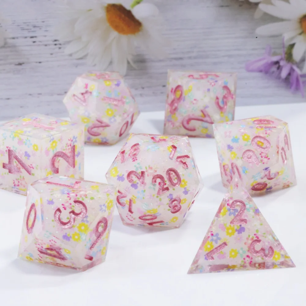 

New design Flower Sharp Edged Resin Dice Set Vibrant, handmade Polyhedral Dice for TRPGs, D&D,Tabletop Gaming 7pcs