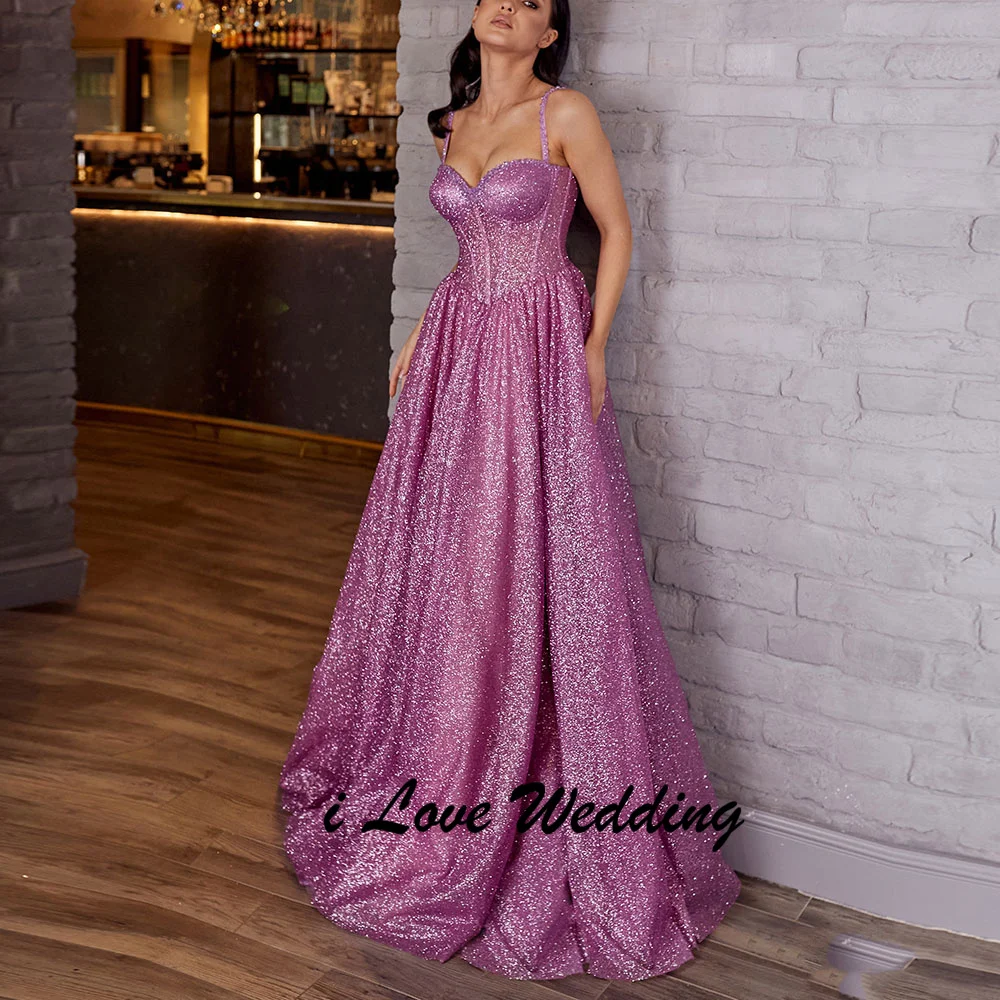 

Customized Spaghetti Straps Sequins Shiny A-line Prom Dress Lace up Back Floor Length Sweetheart Evening Gown with Court
