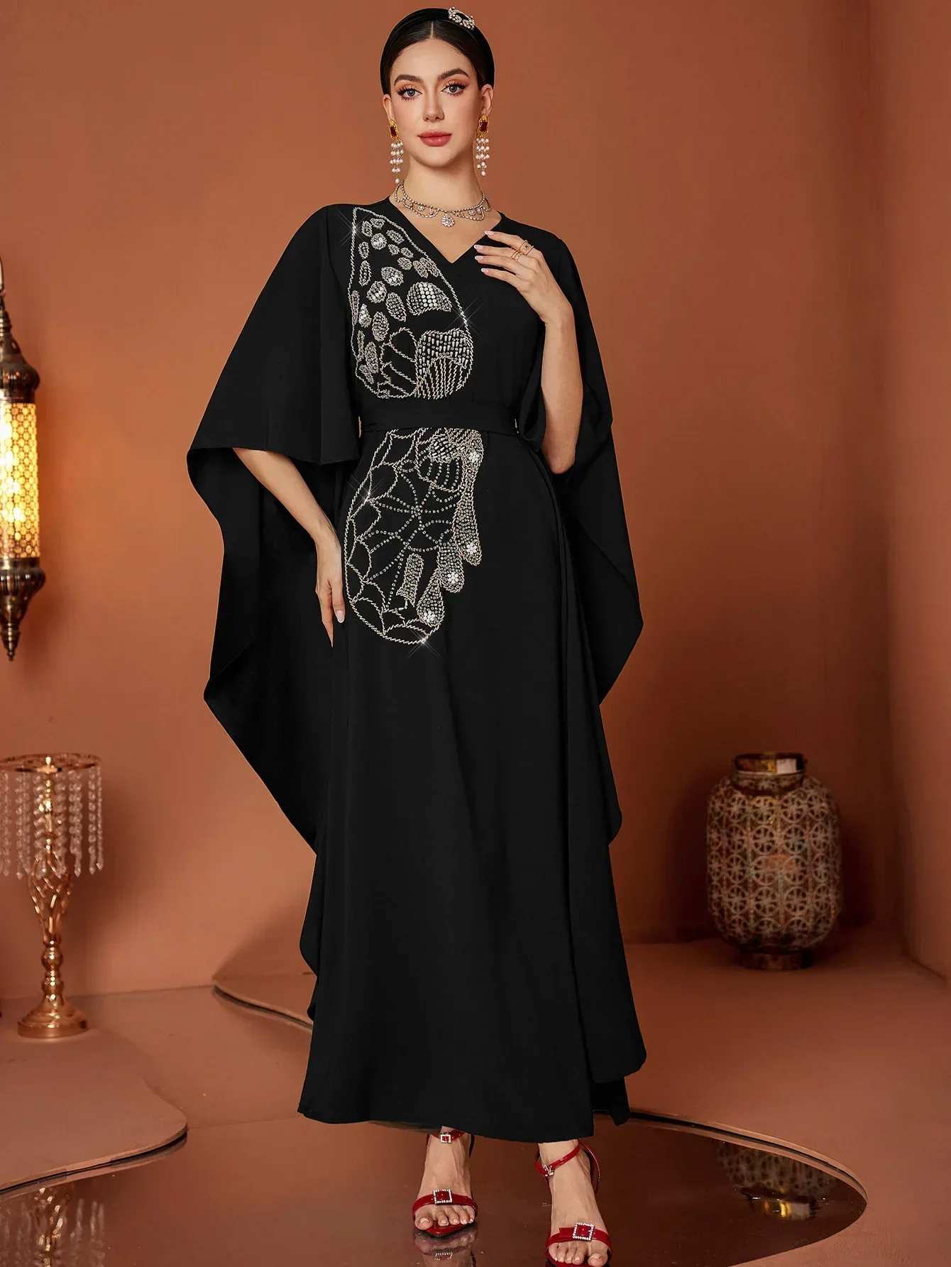 Eid hand-stitched Women Dress Abaya Beads Embroidery Dresses Bat Sleeve Vestidos Largos Party Caftan Jalabiya Ramadan Long Robe