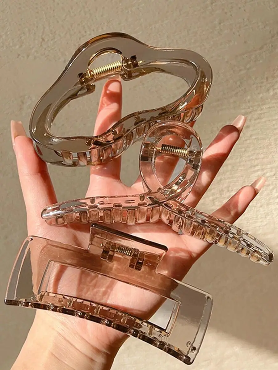 3pcs Women's Tea-Colored Solid Color Cloud-Shaped Tail Square Large Lightweight Plastic Hair Clip, Fashionable And Versatile