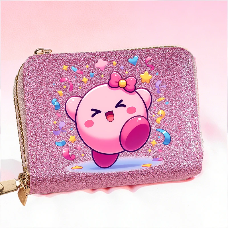 

Kawaii Cute Kirbys Girl Bling Glitter Wallet Women Pu Leather Short Wallets Cartoon Foldable Zipper Coin Purses ID Card Holder