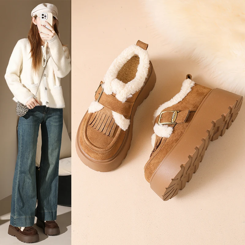 أحذية قطنية عصرية، أحذية بدون كعب دافئة، أحذية فراء قصيرة متعددة الاستخدامات بنعل سميك لزيادة الارتفاع 2652 #6