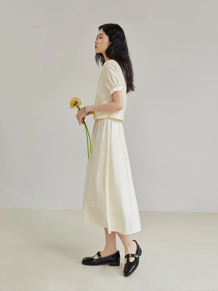 ZIQIAO Acetate Polyester French Shirt Dkirt Casual Suit for Women Summer Chic Sense Elegant V-neck Shirt + Umbrella Skirt Female