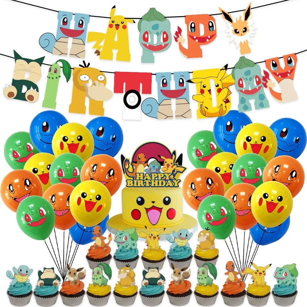 

Party Pokemon Birthday Party Decorations Pikachu Balloons Disposable Tableware Plate Napkin Backdrop For Kids Boy Party supplies