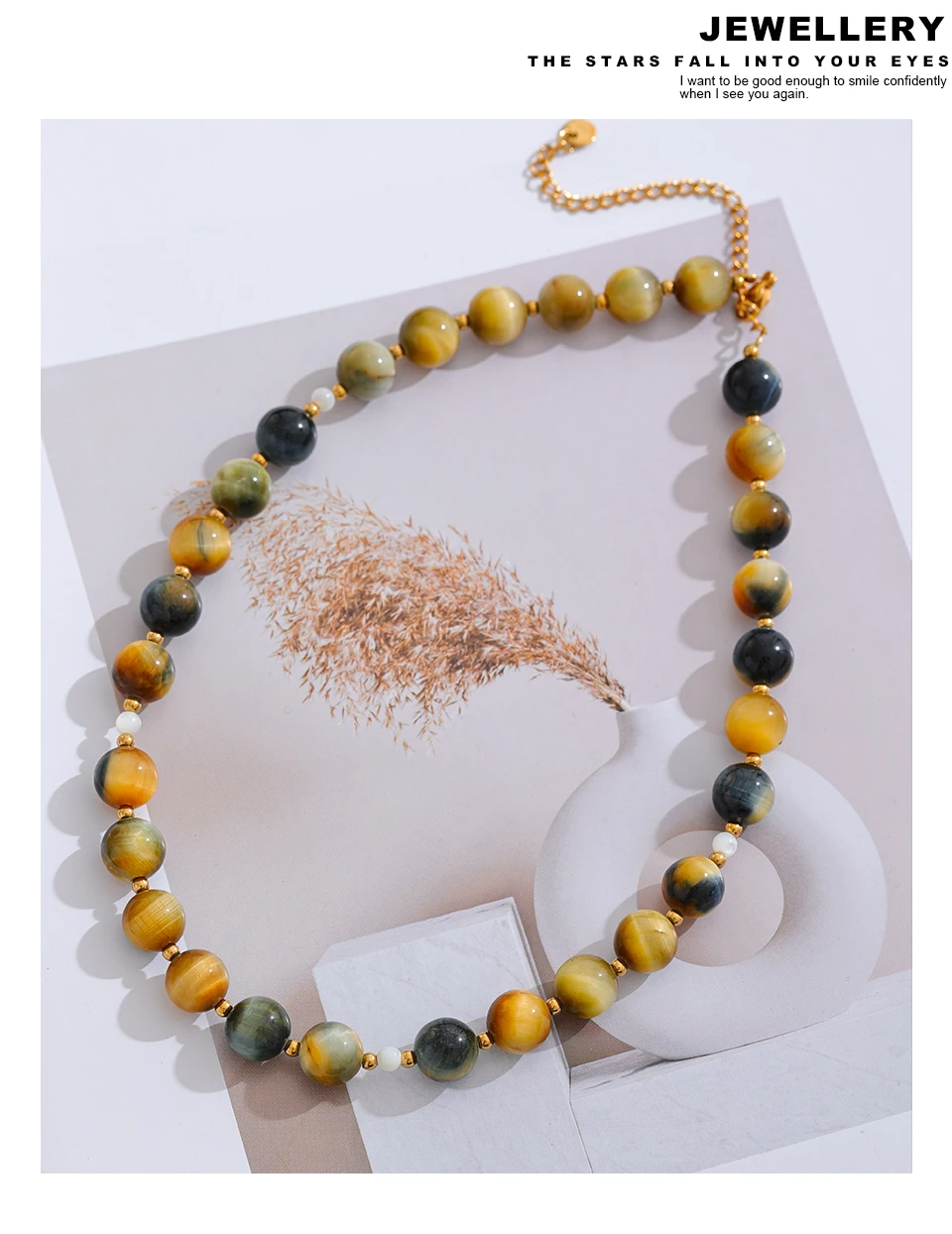 Yhpup Maillard Naturstein Tiger Runde Perlen Kette Kragen Halskette Edelstahl Handgefertigter Schmuck Wasserdicht für Frauen Geschenk – Detail 12