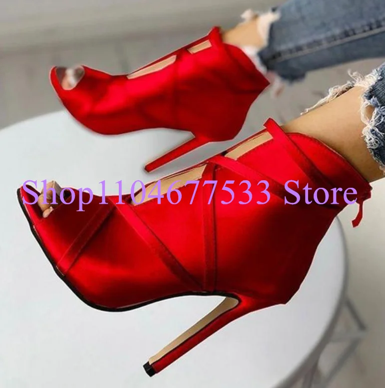 New Red Pink Black Grey Satin Sandals Peep Toe Narrow Band Thin High Heel Sandal Boots Back Zipper Stiletto Heel Ladies Shoes