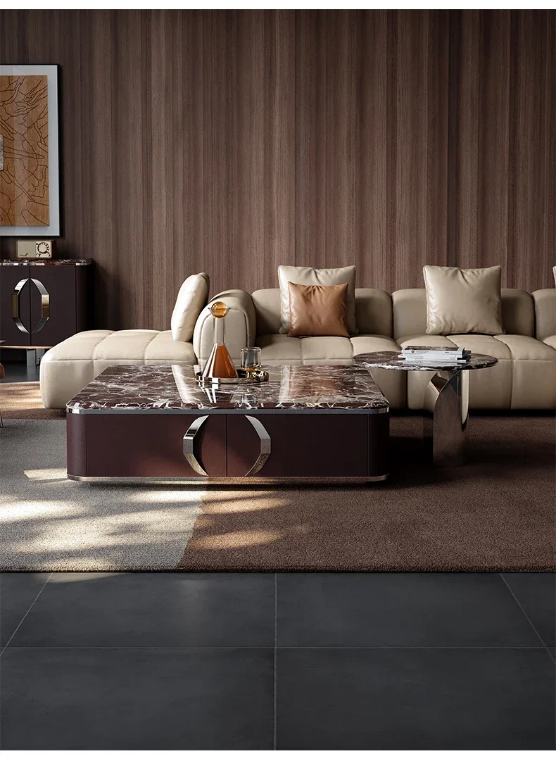 A Natural marble coffee table TV cabinet combination, retro, square coffee table