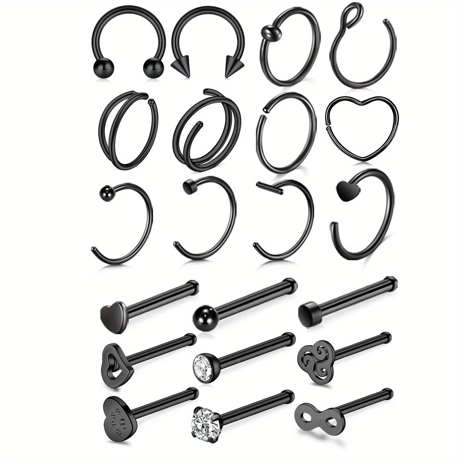 مجموعة حلقات أنف مكونة من 21 قطعة من طراز Punk Style للنساء والرجال - 304 من الفولاذ المقاوم للصدأ، لمسات زركونيا مكعبة، مثالية للارتداء اليومي والهدايا