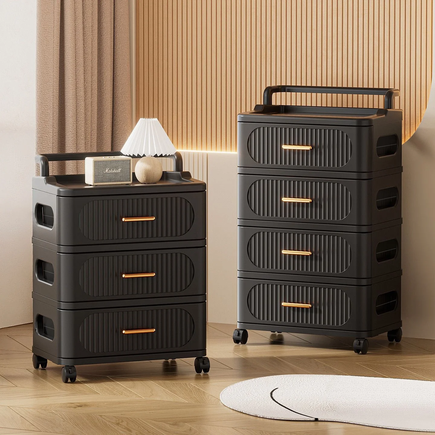 Portable trolley with drawer-style storage cabinet, under-table snack and toy storage unit, multi-level crevice storage rack