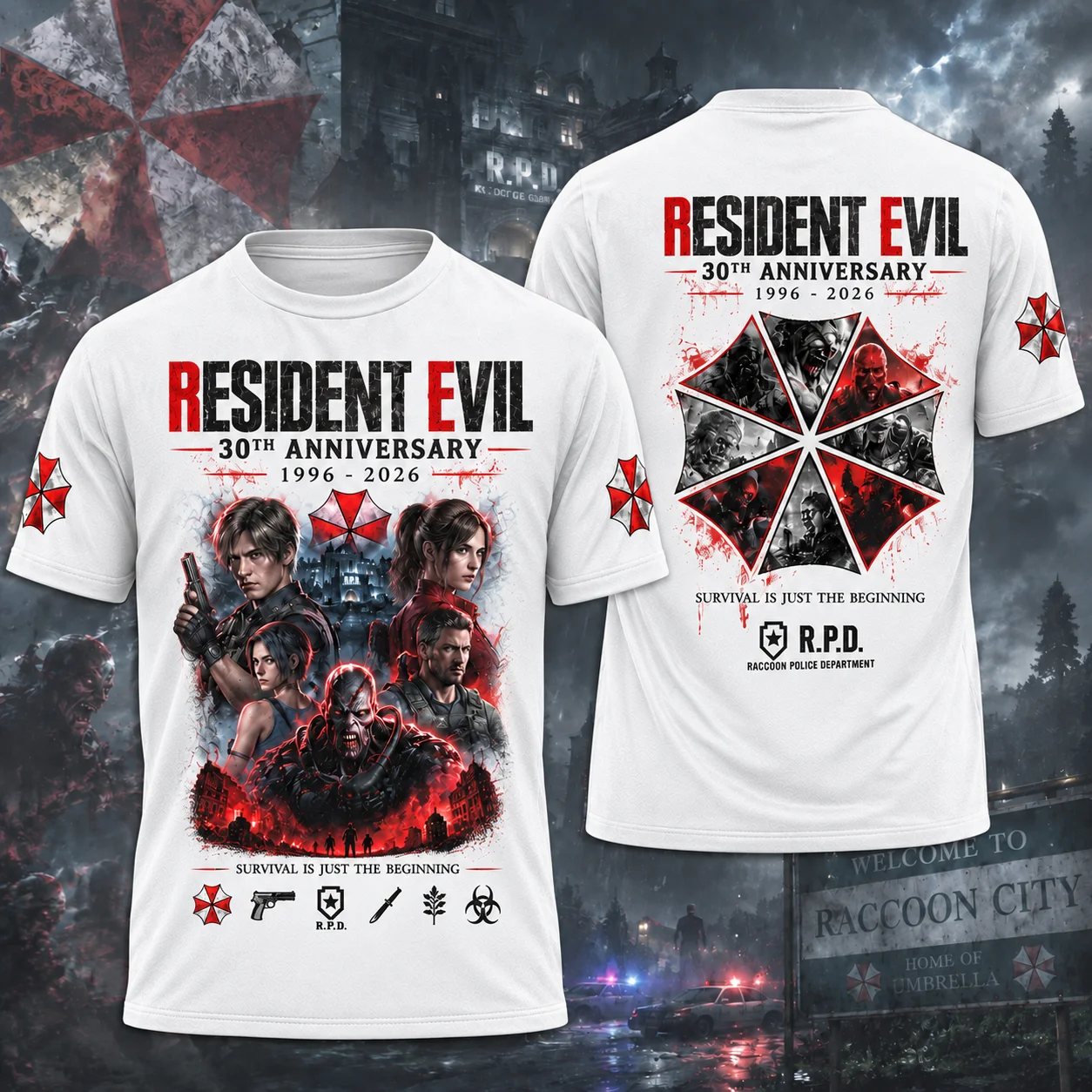 Resident Evil 30th Anniversary 1996-2026 Graphic T-Shirt Leon Claire Jill Chris Print Unisex Tee RE Umbrella Corp Game Fan Shirt
