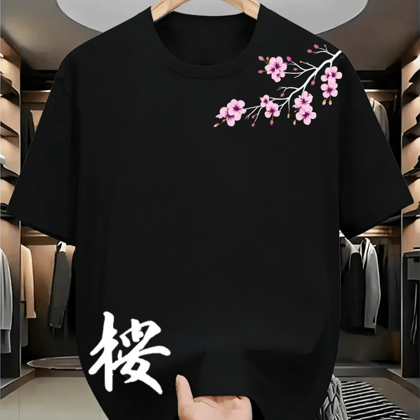 Men's Summer Japanese Style T-Shirt with Cherry Blossom Print 100% Cotton Casual Street Style and Oriental Style
