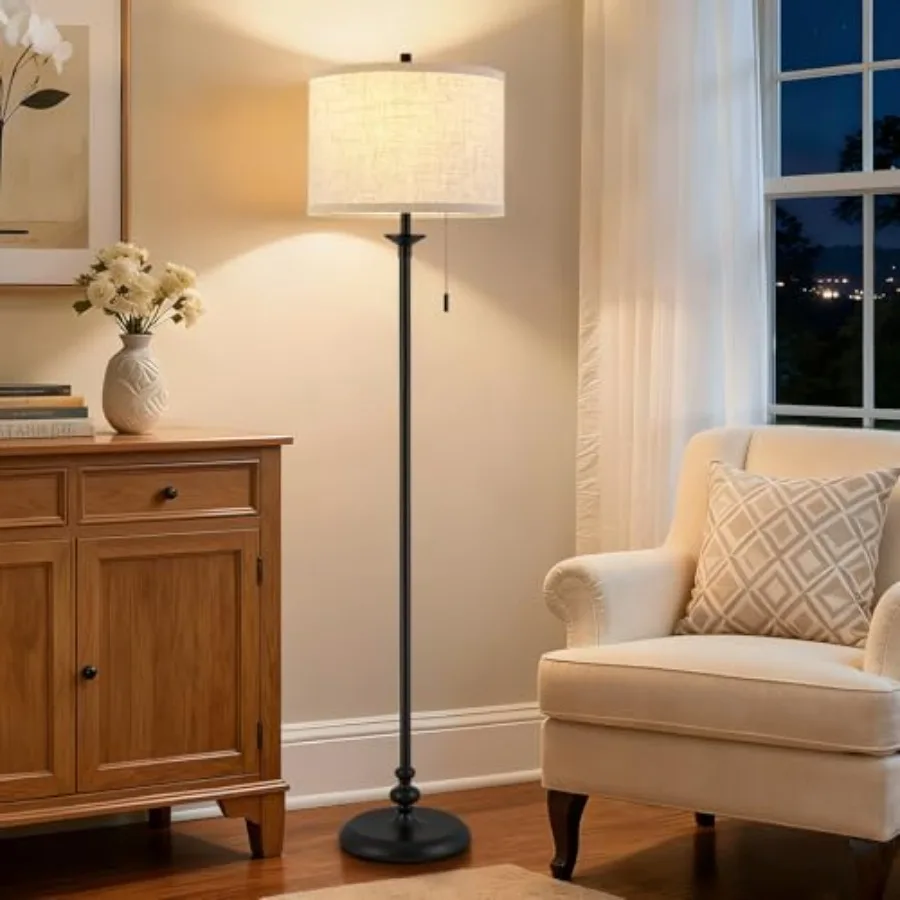 

Floor Lamp, 60" Standing Lamp Tall Lamp with Fabric LampshadeandPull Chain Corner Floor Lamps for Living Room, Bedroom and Offi