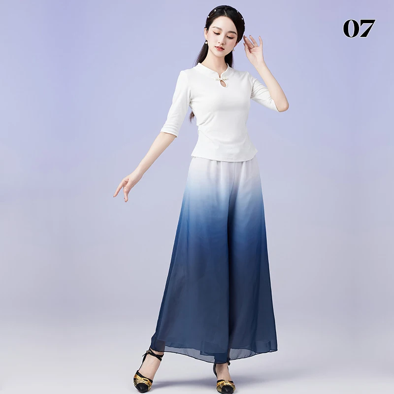 Chinesische Art Gradient Chiffon Tops Hosen Set Square Dance Hose mit weitem Bein Ballsaal Jazz Praxis Tanz Bühne Performance Kostüm