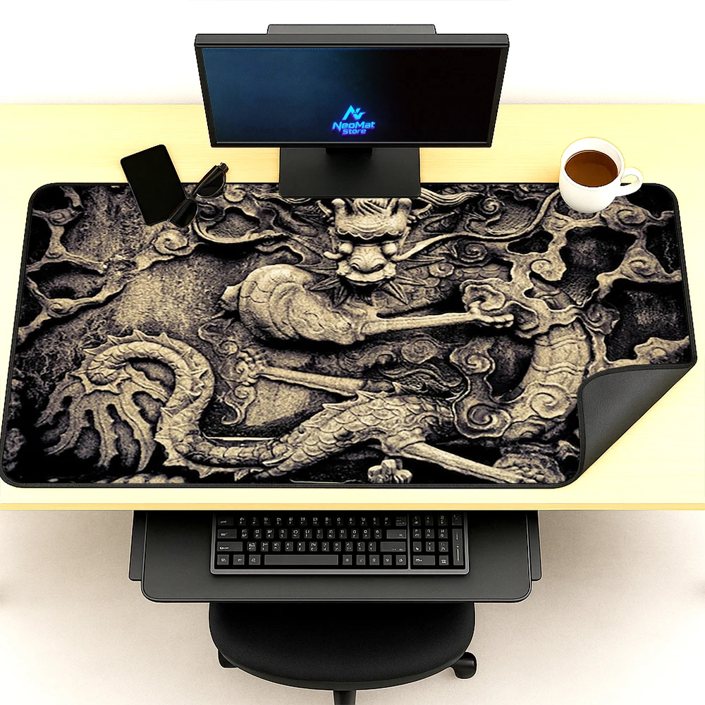 Dragon Desk Pad Ancient 180cm Mousepad Carving Stone Gaming 140x60 Computer Accessories Office Supplies Playmat Durable Premium