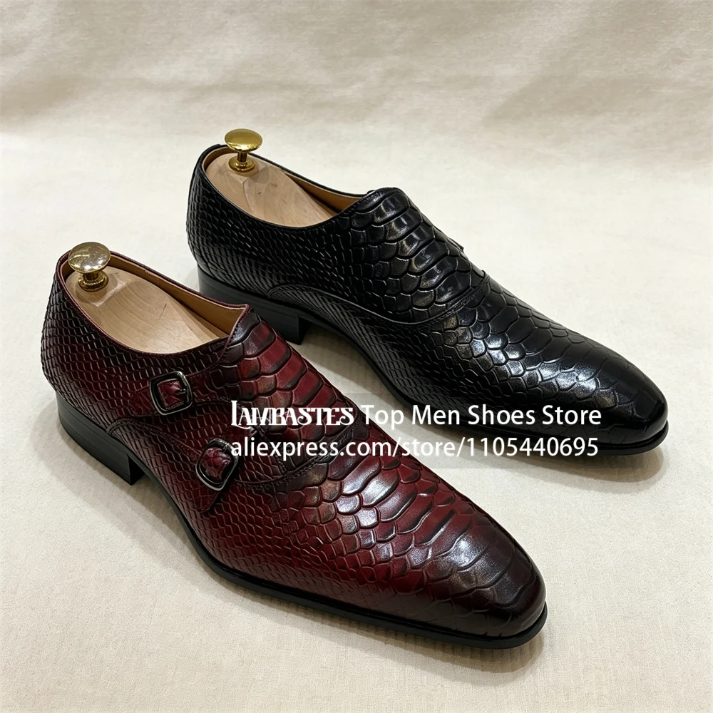 Burgundy Snake Print Double Monk Strap Dress Shoes Embossed Python Pattern Leather Shoes Gradient Buckle Formal Shoes for Men