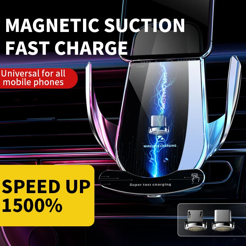 15W Wireless + Mag Tips Car Charger – More Faster, IR Auto Clamp, Built‑in Battery, 360° Rot, Number Plate for iPhone & Android