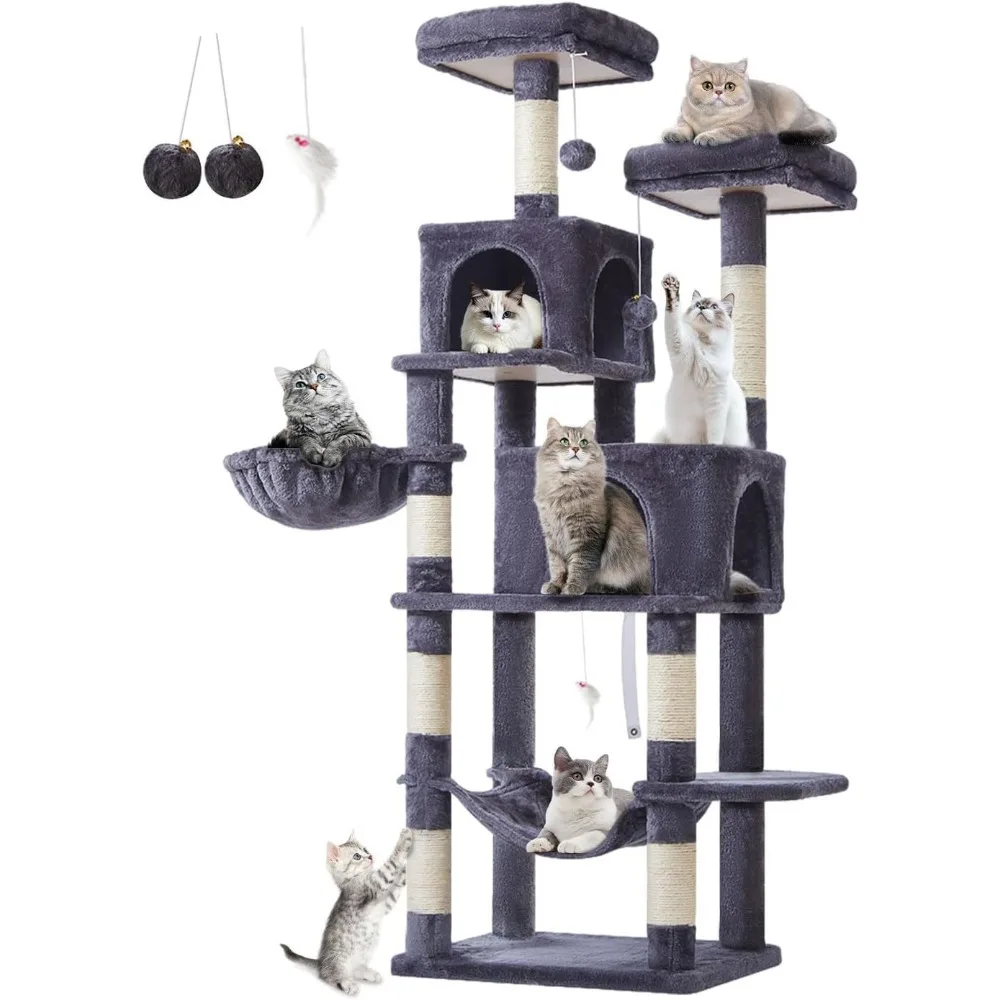 

Cat Tree, 66.2-Inch Cat Tower for Indoor Cats, Plush Multi-Level Cat Condo with 7 Scratching Posts, 2 Perches, 2 Caves