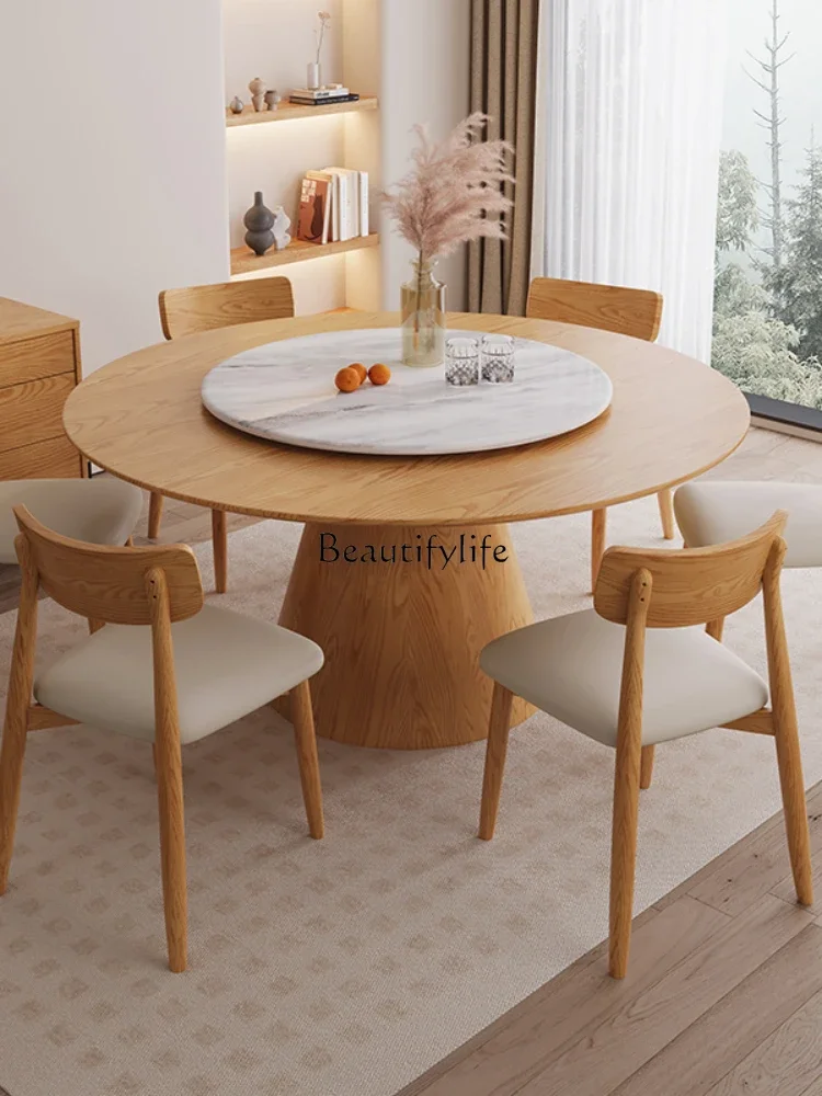 Ash wood round table with turntable Nordic simple all solid wood dining table round wabi-sabi wind