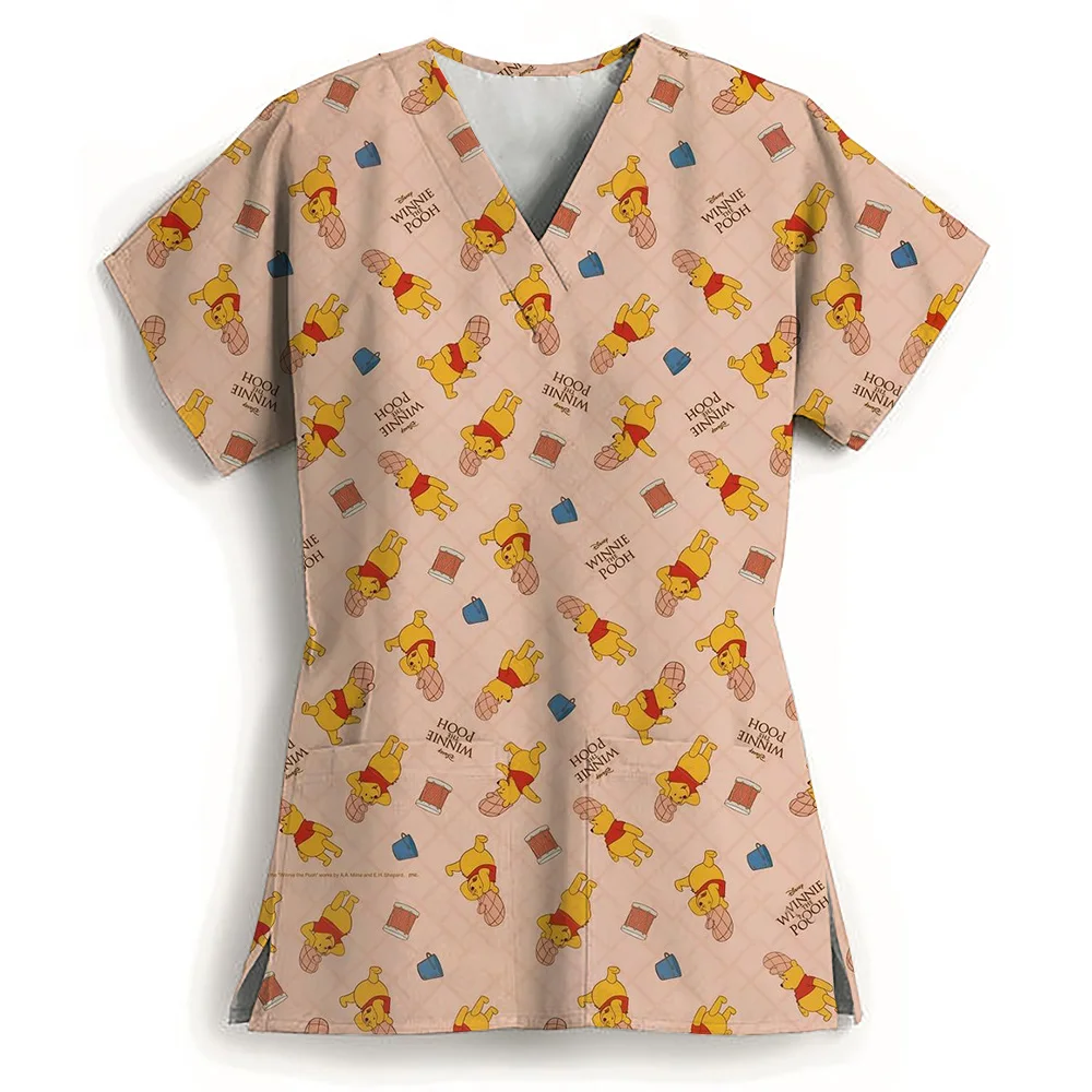 Hospital Uniforms Medical Winnie The Pooh Printed Nursing V-neck Shirts Dental Clinic Uniforms Medical Nurses Short Sleeved Fros