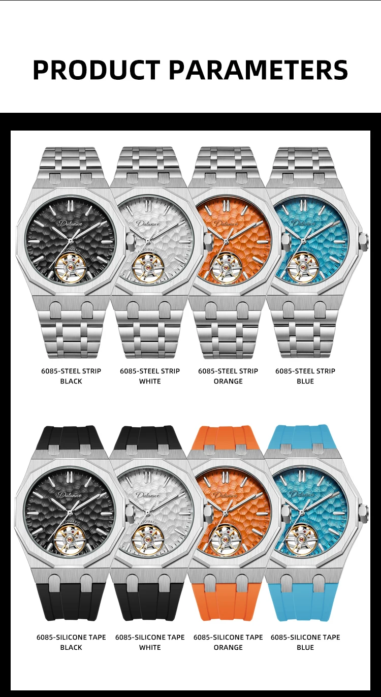 Automatische mechanische Herrenuhr mit orangefarbenem Zifferblatt, Skelett-Tourbillon, achteckige Armbanduhr aus Edelstahl, luxuriöse wasserdichte Uhr – Detail 19