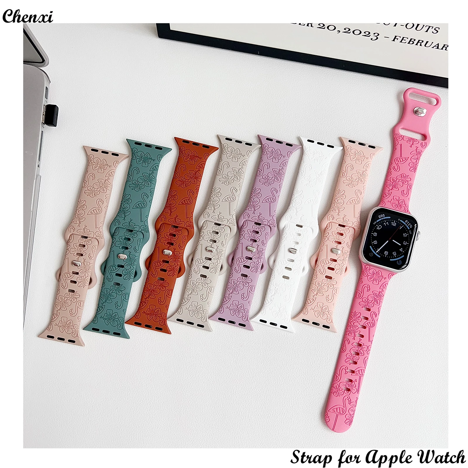 Silicone Strap for Apple Watch Band Engrave Flamingo Flower Bracelet with Iwatch98765SE Ultra Freshness40 41 44 45MM Women Wrist