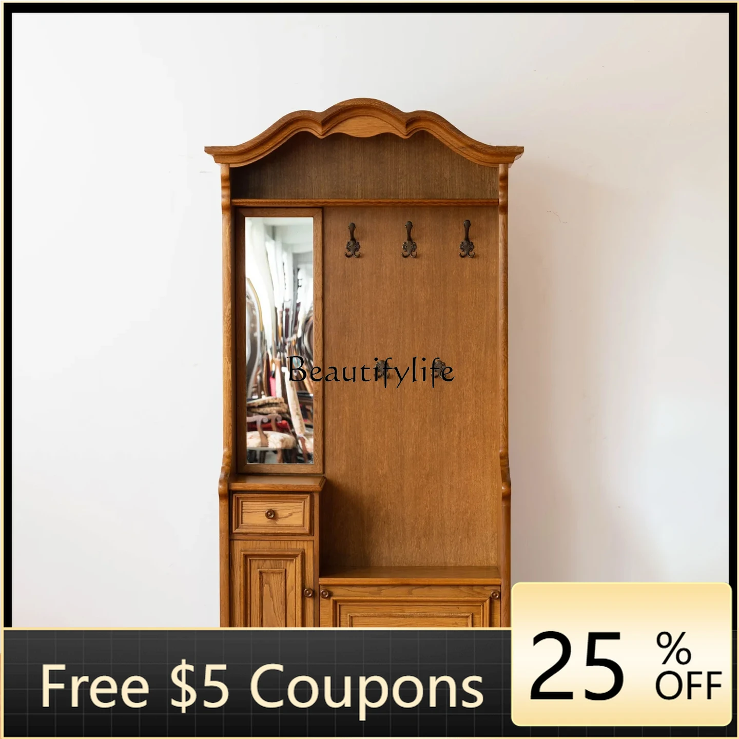 

FF French medieval style old carved porch coat cabinet opposite door shoe cabinet