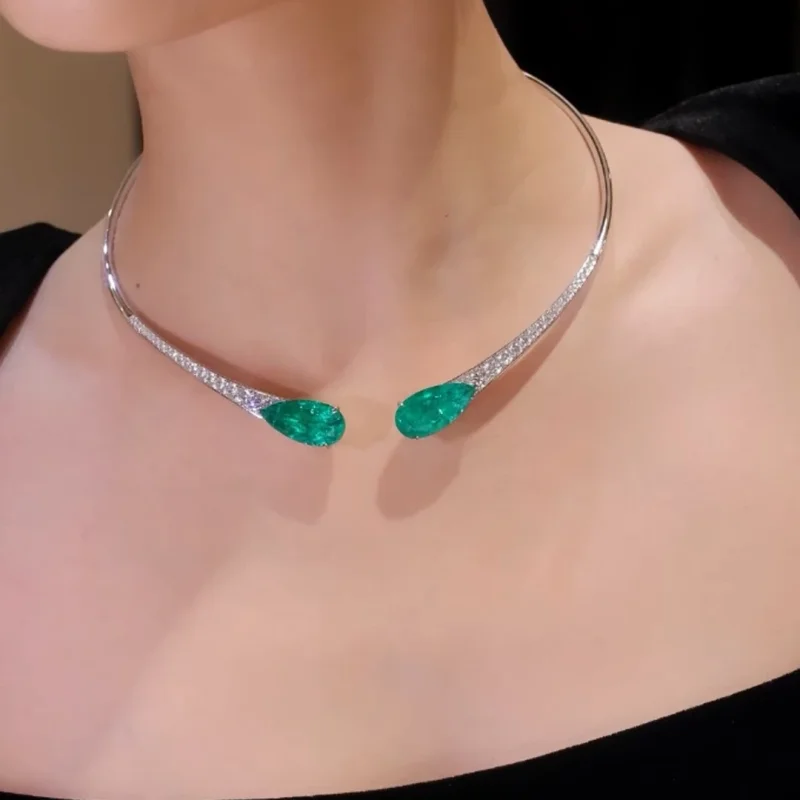 

CAMEO Fine Jewelry 925 Silver Synthetic Zircon Emerald Water Drop White Diamond Luxury Banquet Party Collar Necklace