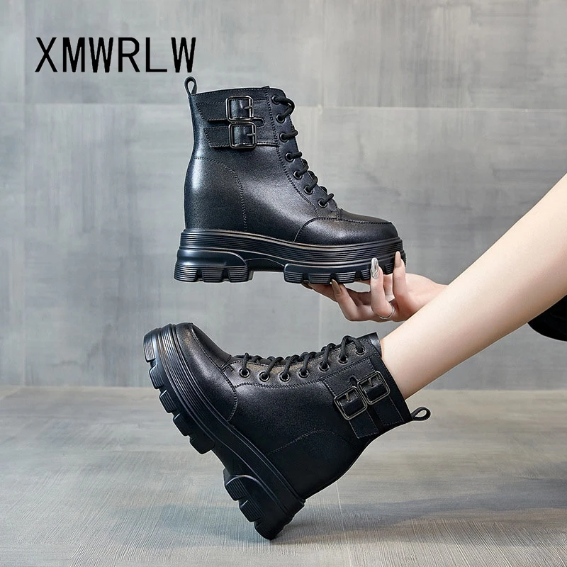 

XMWRLW 2025 осенне-зимние ботильоны, женская обувь из натуральной кожи, женские ботильоны на скрытом каблуке, теплая плюшевая женская зимняя обувь