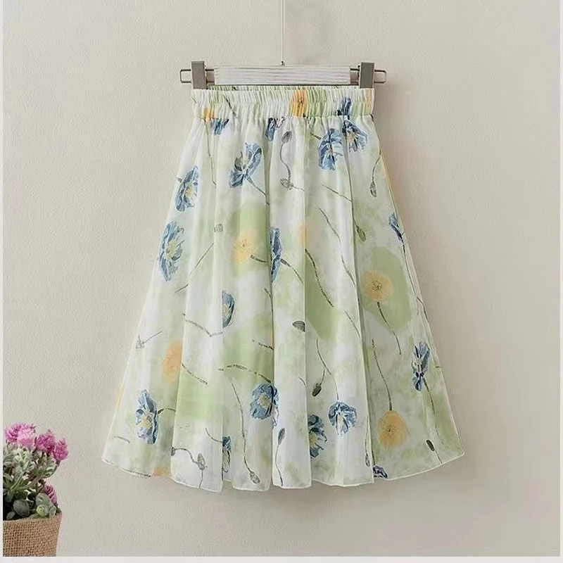 Retro National Style Girls Kids Skirts 2023 New Chiffon Elastic High Waist Midi Skirts Floral Print Holiday Beach Skirts