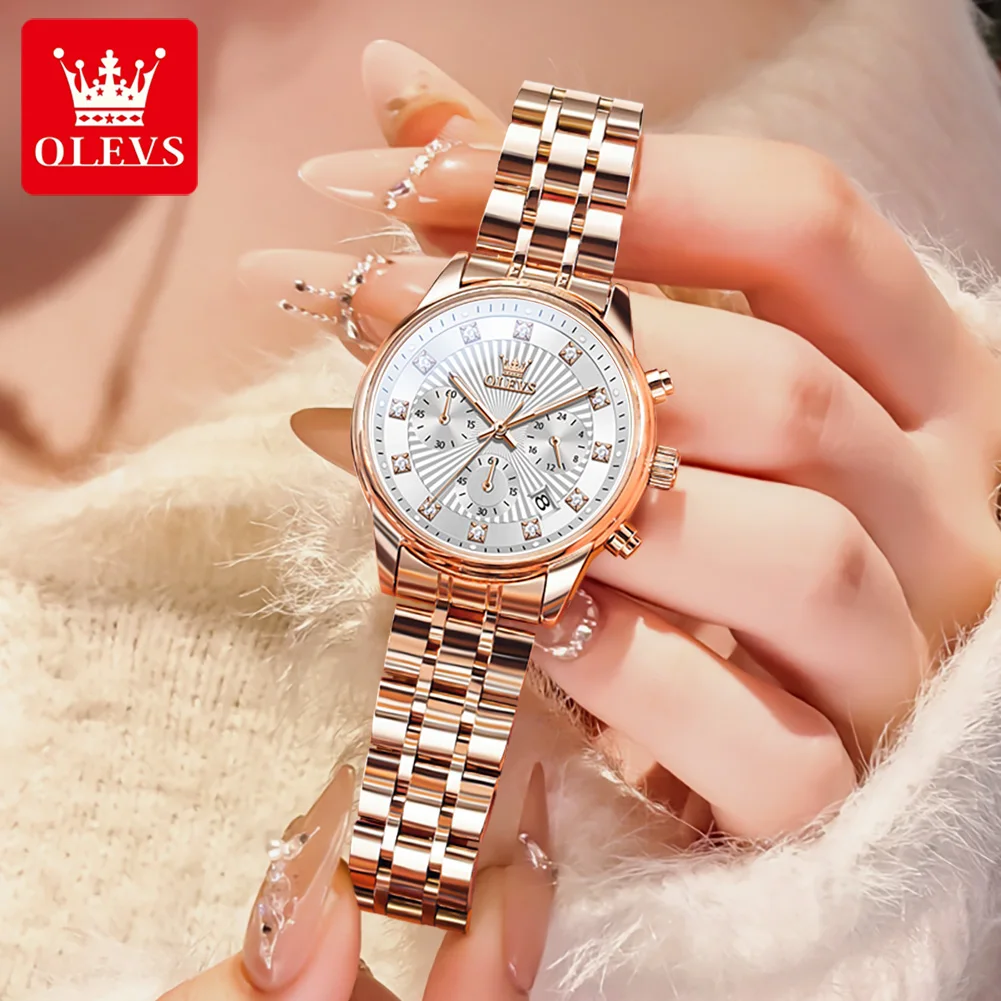 OLEVS 3669 Women's Watches Top Brand Luxury Rose Gold Original Quarzt Watch for Lady Waterproof Stainless Steel Chronograph Date