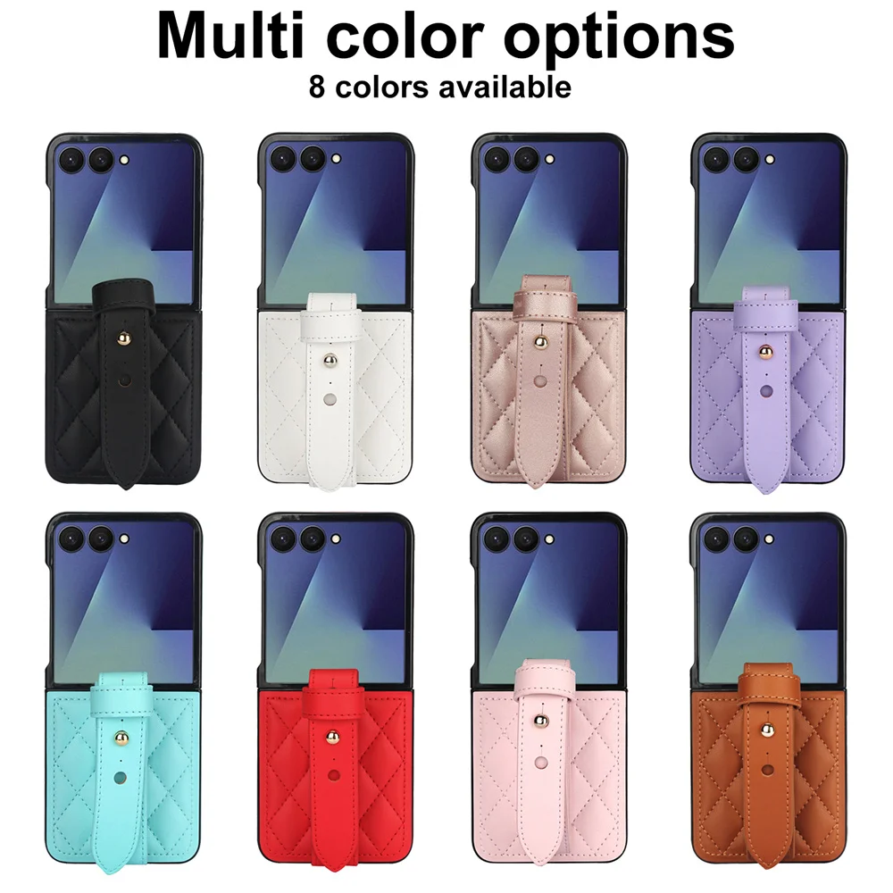 

Korean Stylish Rivet Wrist Strap Cover for Samsung for Galaxy Z Flip 7 6 5 43 Leather Grid Shockproof Adjustable Rope Phone case