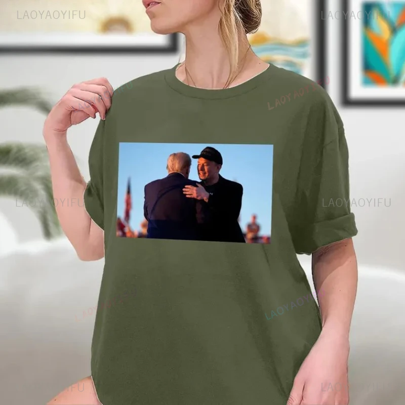 Elon Musk und Donald John Trump Hug T-Shirt Hochwertige Baumwolle Frau Mann Grafik T-Shirts Make America Great Again Kurzarm