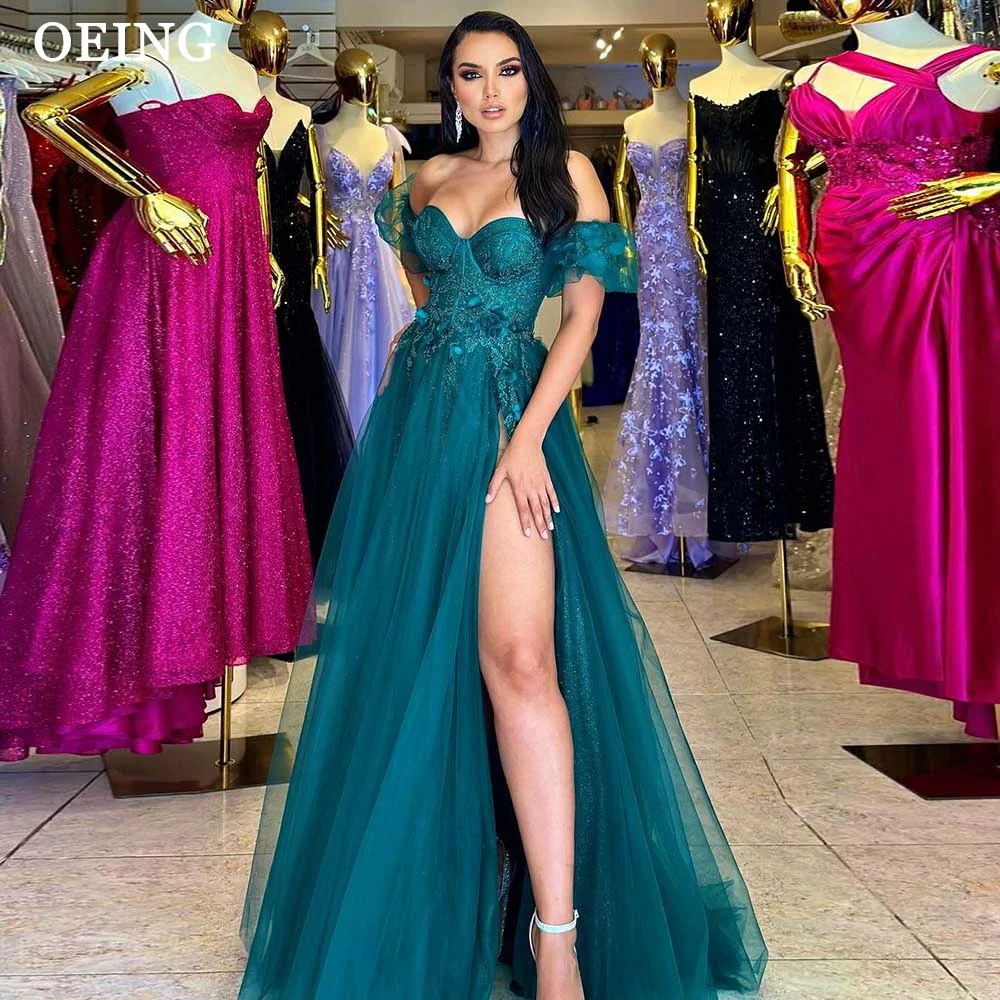 

OEING Glitter Dark Green Prom Dress Sexy Off The Shoulder 3D Appliques Party Dresses Formal Evening Gown Vestidos De Fiesta