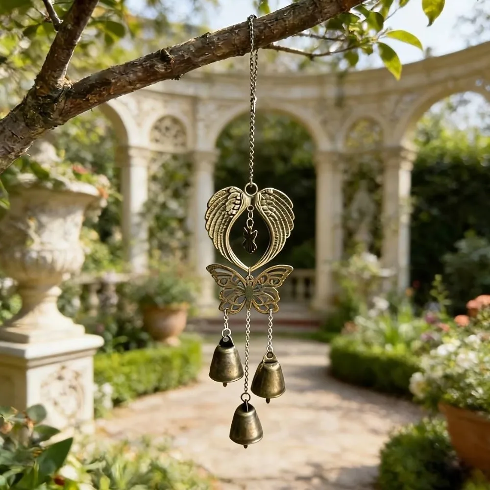 Vintage Angel Wings Wind Chime Pendant Bohemian Style Hollow Butterfly Vintage Wind Chime Handcrafted Metal Bell Chime Balcony