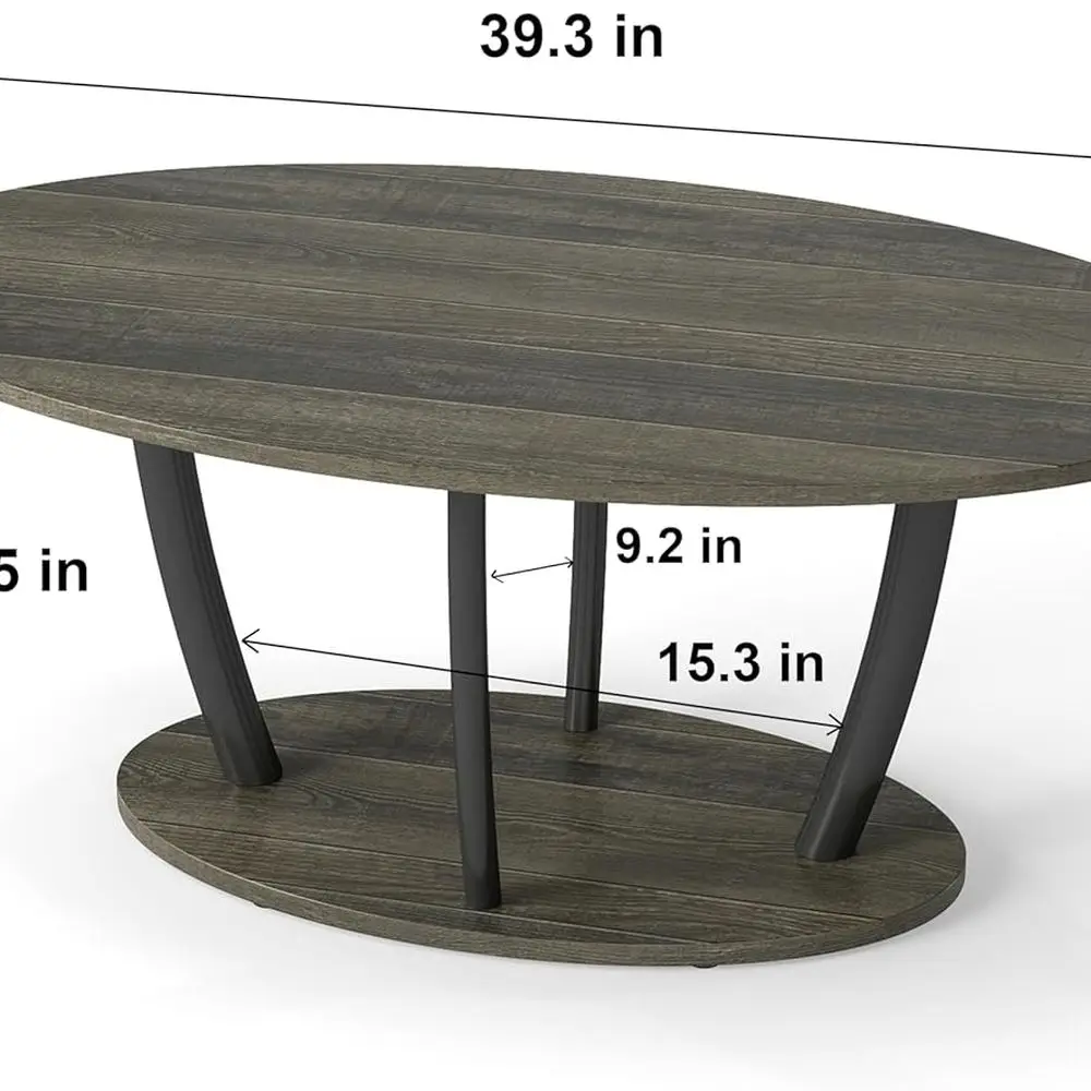 طاولة قهوة بيضاوية ضيقة على الطراز الرمادي مع أرجل معدنية ورف لغرفة المعيشة، سهلة التجميع #3