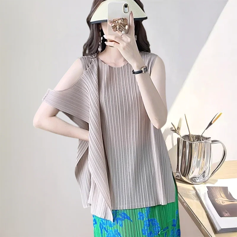 

Miyake Women's Tops Summer New Temperament Sleeveless Undershirt Pleated Bottoming T-shirt Thin Section Tight Stretch Shirt