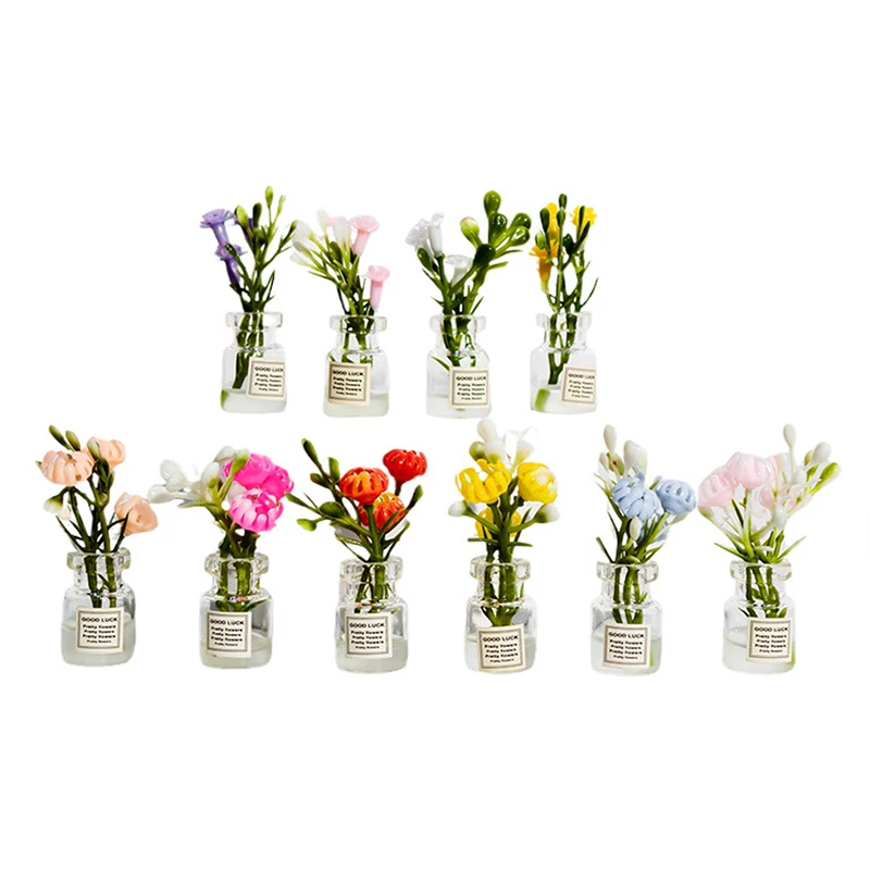 【BS】2 Peças Mini Vaso de Flores Acessórios para Casa de Bonecas Simulação Rosa Pink Jasmim Branco Mini Arranjo Floral Modelo Miniatura