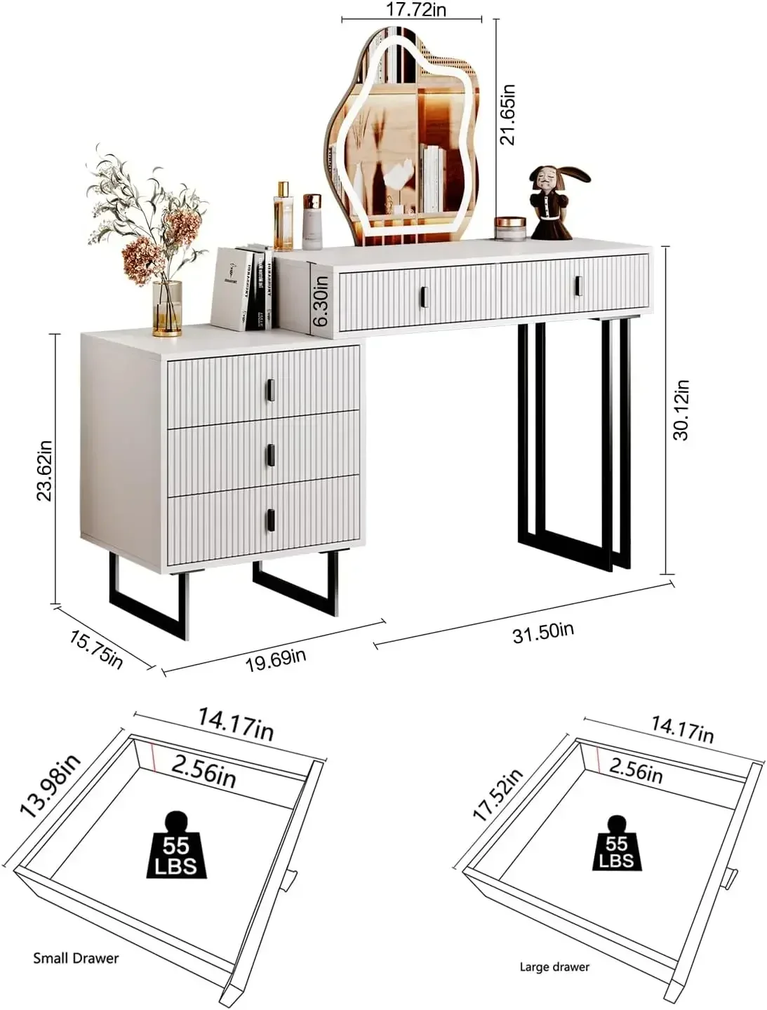 leejdn White Vanity Desk with 3-Color Touch Screen Lighted Mirror 5 Drawers Makeup  Table Set   for Women Girls