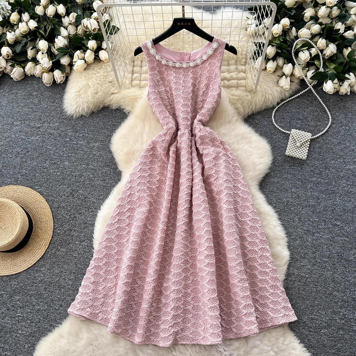 

Pink Beading Elegant Dress Women Sleeveless O-neck Streetwear Chic Clothing Lady Runway Design Vestidos Bodycon Party Jacquard