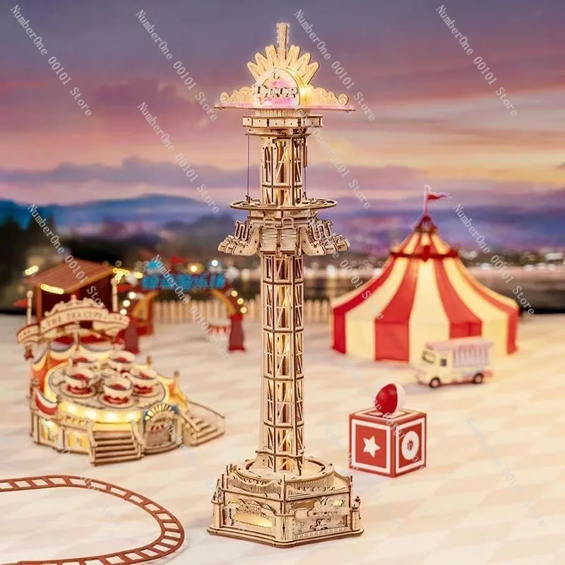 Amusement Park Flying Chair Parachute Mechanical Music Box, Wooden Model for Creative Festival Gift and Decoration