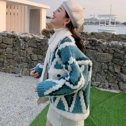 Spring Fall Winter Women Plaids Sweater Coat Lambswool Hair Stitching Turn Down Collar Thickened Knitted Cardigan Fleece Tops