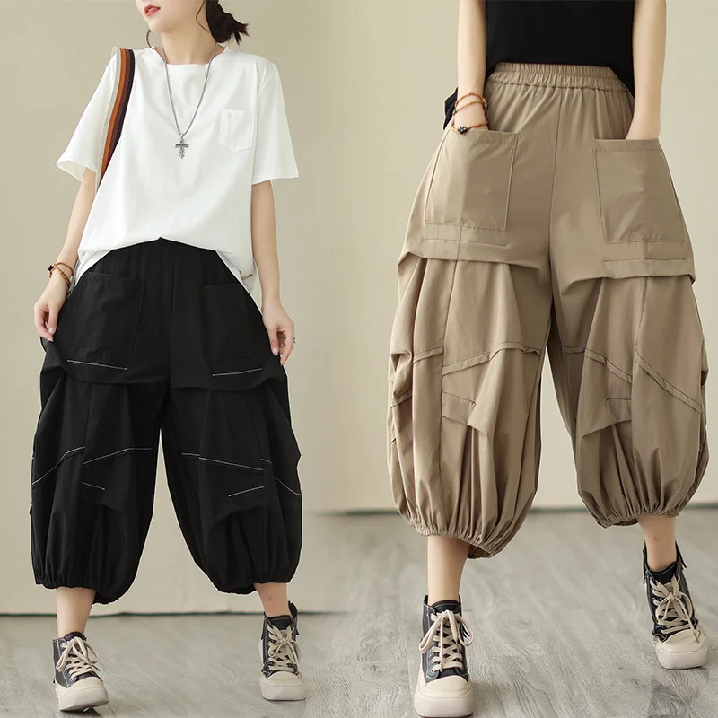 New Style Of Women's Pants Black Khaki Cargo Women Multi-Pockets Loose Streetwear Wide Leg High Waist Asymmetrical Bloomers