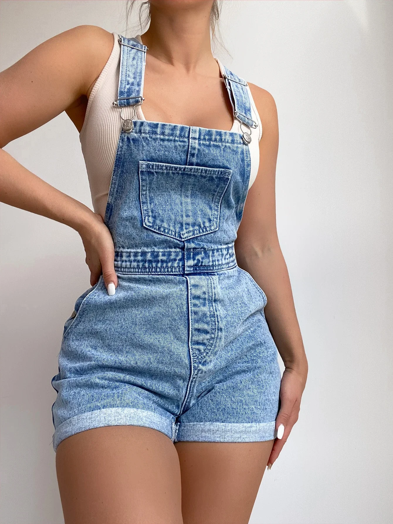 

EMERY ROSE Roll Up Hem Denim Overall Romper Without Tank Top